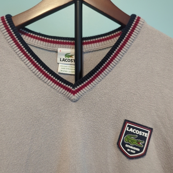 Lacoste Men's Cream V-Neck Sweater with Contrast Stripe Trim - Picture 2 of 7